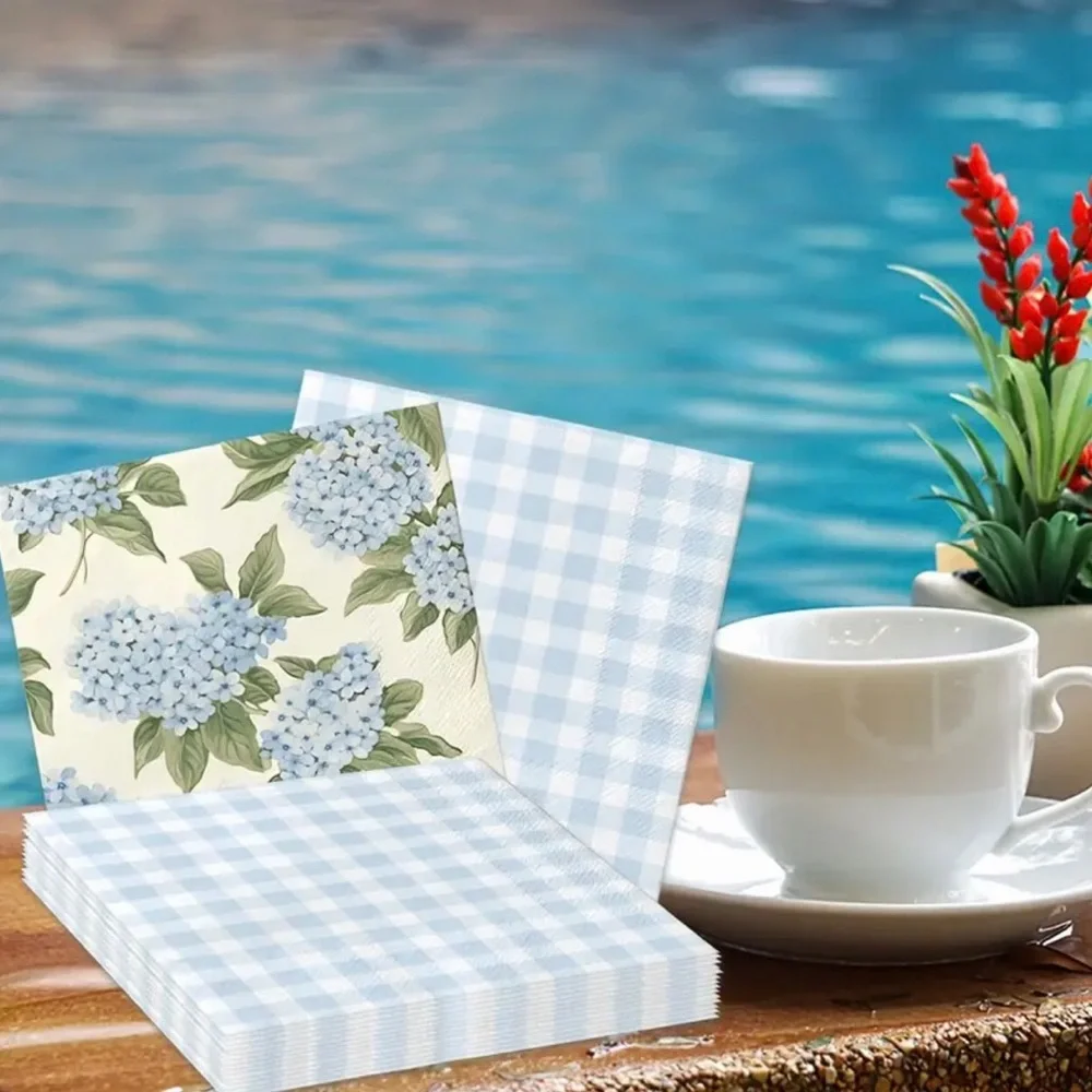Four-in-One Blue Floral Gingham Designs Luncheon Napkin, 20 pcs